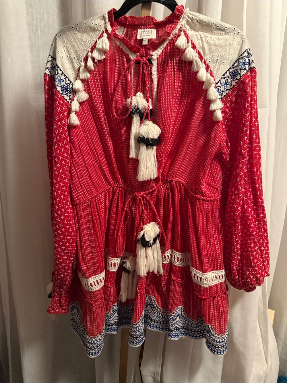 HEMANT & NANDITA Red Embroidered Tassel Tunic Dress - Picture 2 of 10